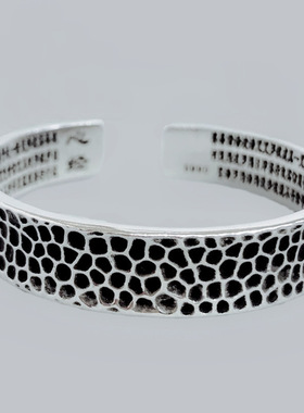 个性韩版创意复古凹凸手镯女士开口做旧泰银纹理心经手镯饰品