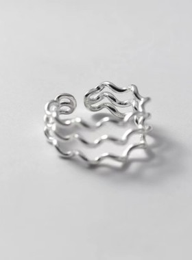 新品跨境热销三层时尚水波纹开口戒指ins风几何小众设计感手饰品
