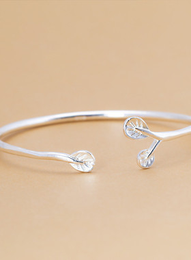 简约气质森系树叶手镯韩版时尚小清新素银橄榄叶开口手镯手环饰品