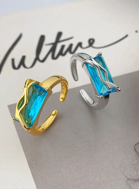 2025新款欧美方形锆石波浪戒指时尚个性冷淡几何不规则开口指环