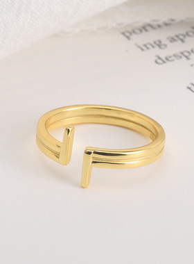 新款韩版时尚个性INS不规则双层双T戒指开口冷淡风几何光面指环