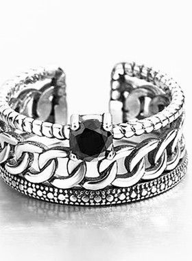 多层麻花锁链戒指女士时尚个性复古光面黑钻链条开口戒指泰银指环