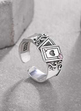新款欧美风复古泰银爱心粉钻扑克戒指男女个性小众设计百搭指环戒