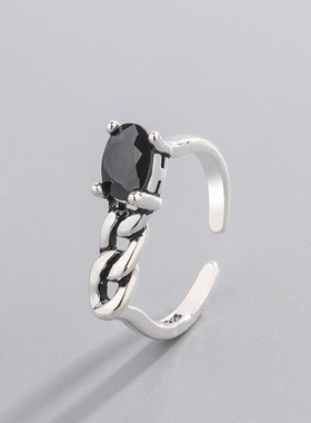 0172复古镶石戒指不规则链条黑曜石网红泰银做旧开口指环