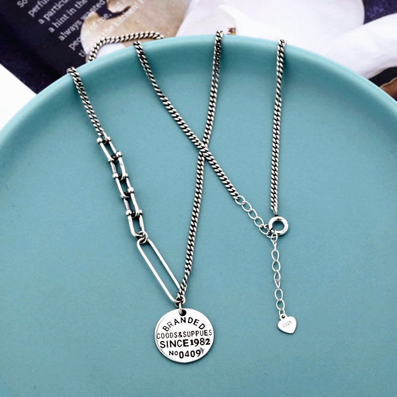 复古泰银英文数字项链女款日韩东大门圆牌字母吊坠锁骨链个性饰品
