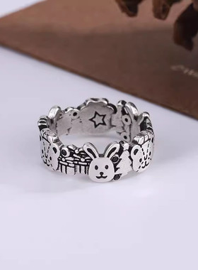 01890森系卡通可爱兔子小熊指环时尚个性动物复古不规则泰银戒指