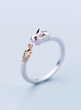 简约森系可爱小兔子胡萝卜戒指女创意小清新甜美开口戒指动物指环
