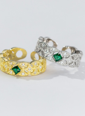 新款欧美新品镂空蕾丝花纹绿钻戒指设计感气质祖母绿皓石指环女