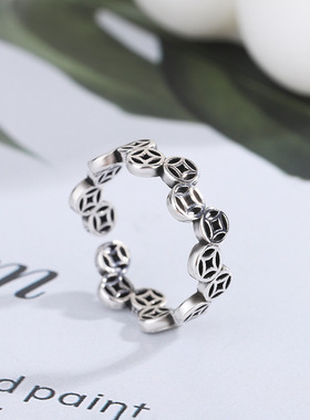 新品复古泰银不规则铜钱戒指时尚个性做旧几何型新潮感指环戒指戒