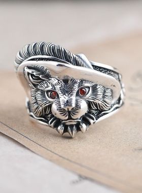 新款泰银复古生肖猫戒指时尚霸气个性潮羽毛开口可调男士食指环