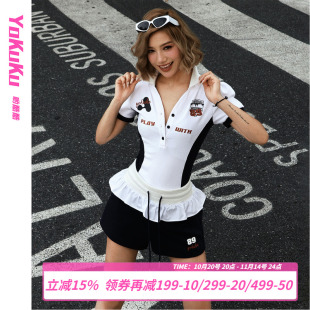 泡泡玛特 T恤女套装 美式 显瘦短袖 泽西风撞色上衣女修身 哟酷酷