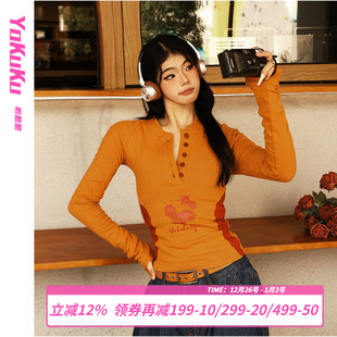 复古亨利领印花坑条拼色长袖 小众设计感上衣美式 T恤女 秋季 哟酷酷