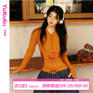 复古亨利领印花坑条拼色长袖 小众设计感上衣美式 T恤女 秋季 哟酷酷