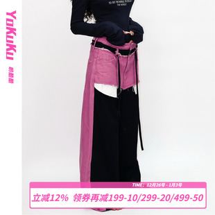 秋日来信 裤 美式 女假两件撞色工装 女 复古牛仔拼接休闲裤 哟酷酷