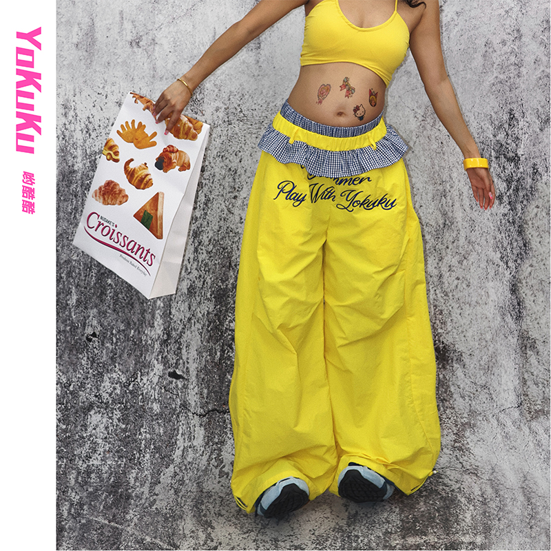 哟酷酷拼接花边冰感阔腿工装裤