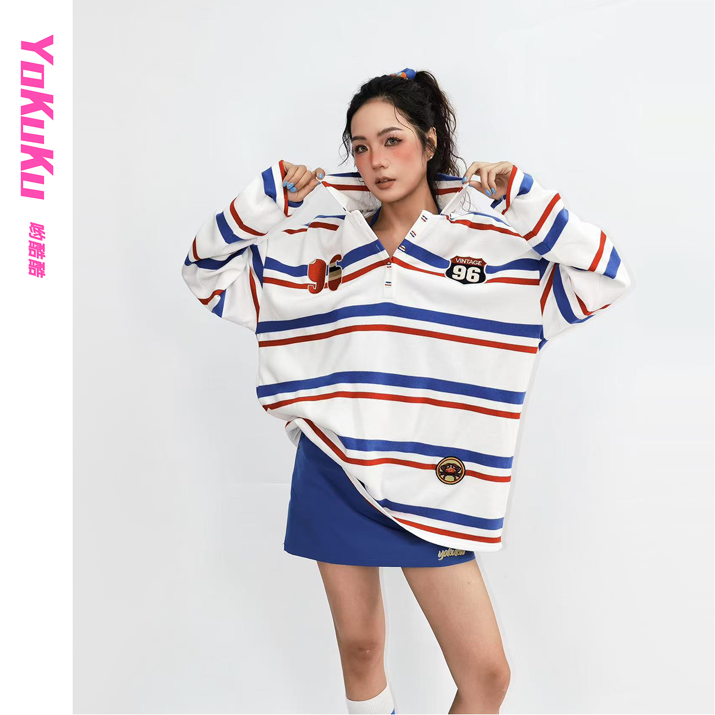 哟酷酷宽松套头polo领T恤卫衣女