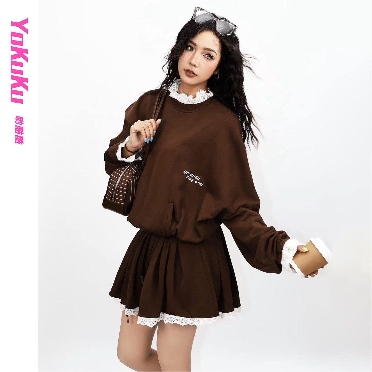 哟酷酷（蕾丝哲学）秋冬季蕾丝花边裙子女抽绳收腰显瘦连衣裙女