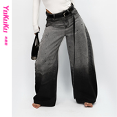 哟酷酷 女 女宽松阔腿牛仔裤 作品未定稿 复古渐变泼墨水洗弯刀裤
