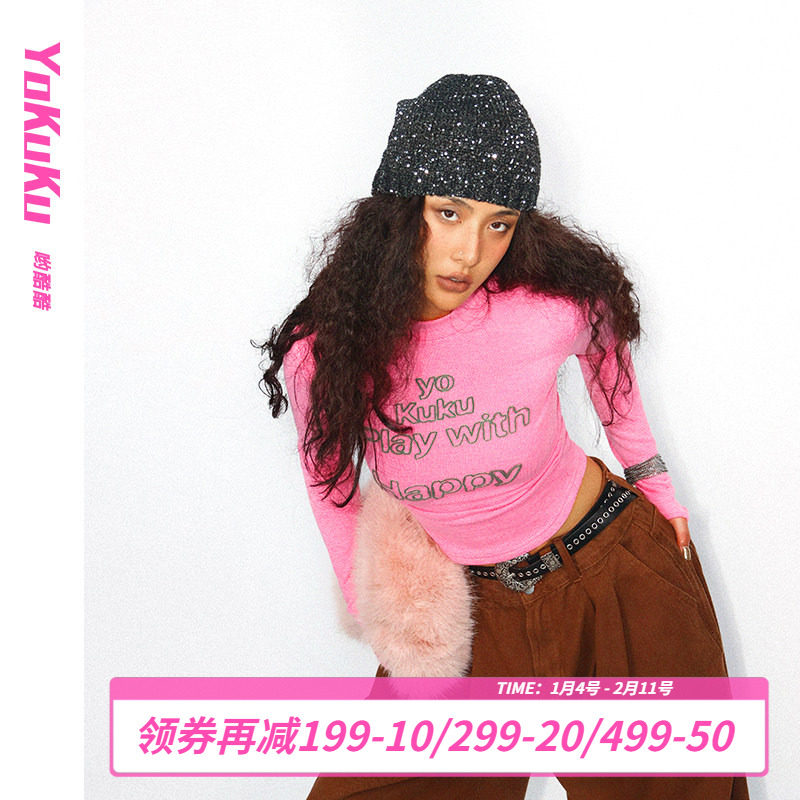 哟酷酷 春秋美式复古长袖T恤女抽褶紧身上衣字母刺绣拇指扣打底衫,女装/女士精品,T恤,淘宝优惠券,粉丝福利购,淘宝优惠卷