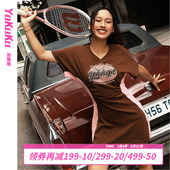 美式 哟酷酷 女校风波 复古印花连衣裙女撞色V领收腰显瘦短裙女