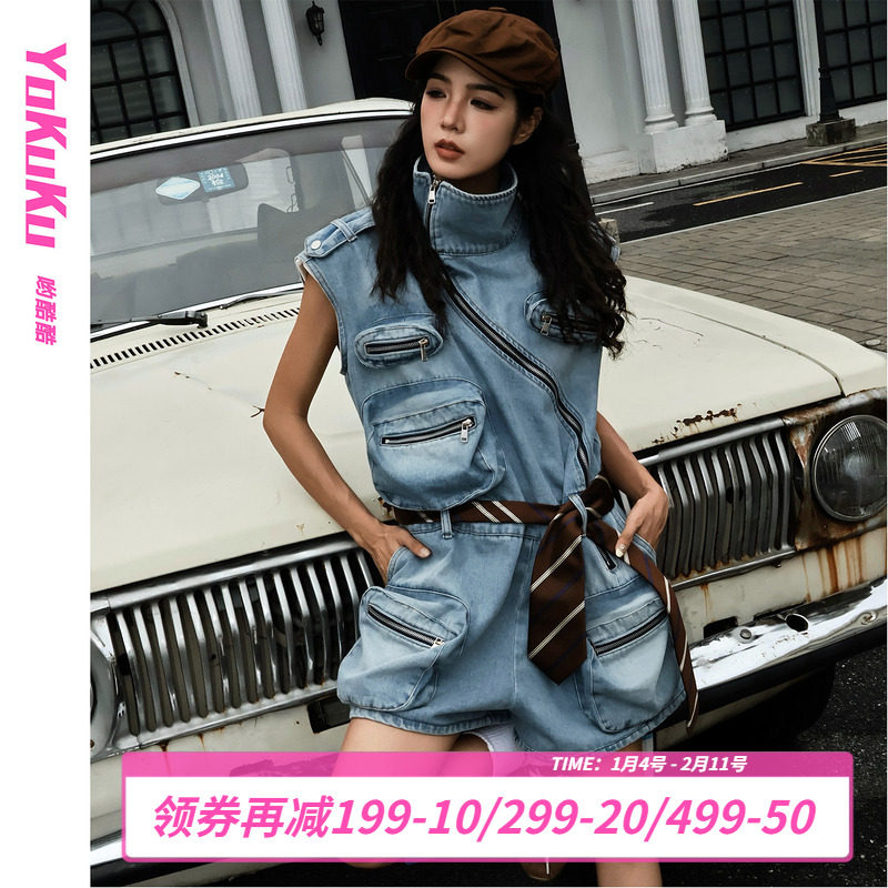 哟酷酷（硬核人生）夏季美式复古小众设计款多口袋连体牛仔短裤女,女装/女士精品,连体衣/裤,淘宝优惠券,粉丝福利购,淘宝优惠卷