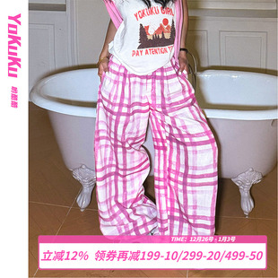 东京热恋 女宽松百搭阔腿裤 美式 大格子休闲裤 女 复古经典 哟酷酷