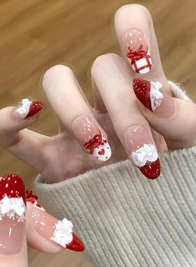 红心蕾丝半手工红色圣诞节蝴蝶结法式蕾丝穿戴甲ins新年显白美甲