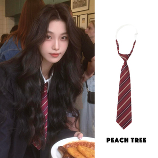 韩系学院风红色条纹领带韩版复古免打款时尚vintage休闲百搭领巾