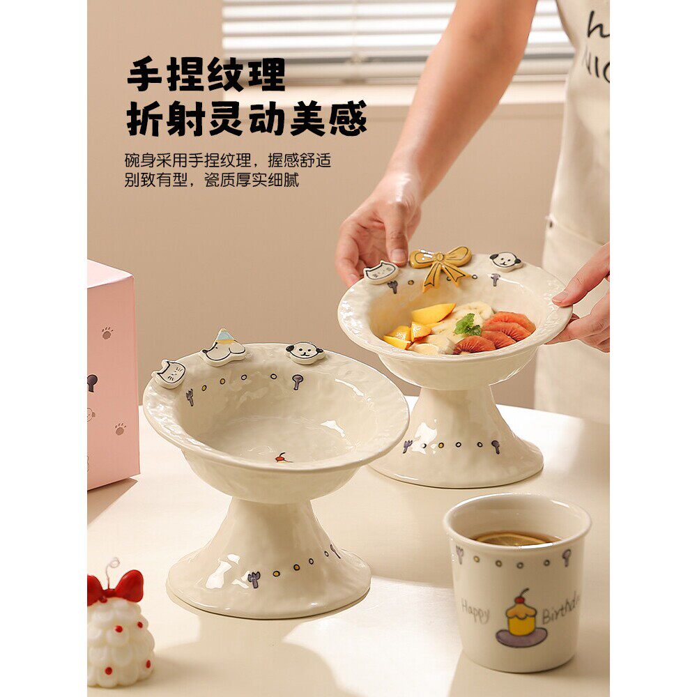 可爱陶瓷高脚猫碗宠物碗护颈猫咪狗粮碗创意手作高颜值宠物碗