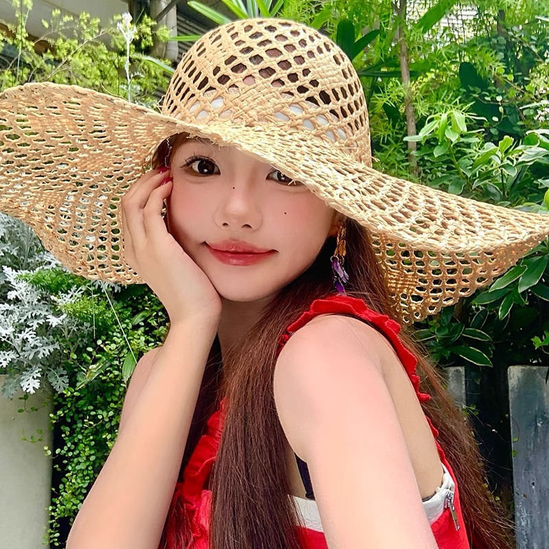法式镂空大帽檐草帽女夏透气显脸小海边沙滩出游度假遮阳防晒帽子