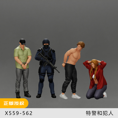 【特警和罪犯】带手铐的罪犯 投降 1/64:人偶微缩车模场景 35模型