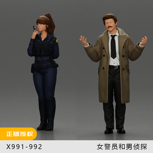 【女警】男侦探 风衣 制服 1/64车模小人偶模型手办1:43微缩白模