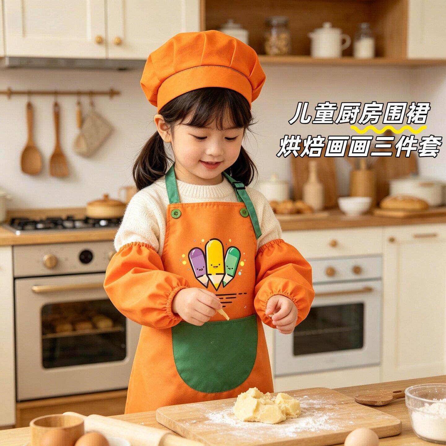 儿童围裙三件套厨房烘焙洗碗家务无袖反穿罩衣小孩书法画画衣防水