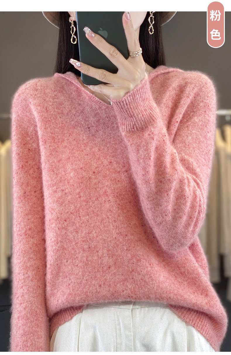 秋冬新款一线成衣纯羊毛女连帽豆子纱套头毛衣长袖显瘦针织打底