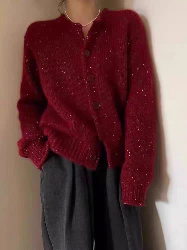 重工亮片红色针织开衫女2025秋冬新款高级感显瘦百搭毛衣外套上衣,女装/女士精品,毛针织衫,淘宝优惠券,粉丝福利购,淘宝优惠卷