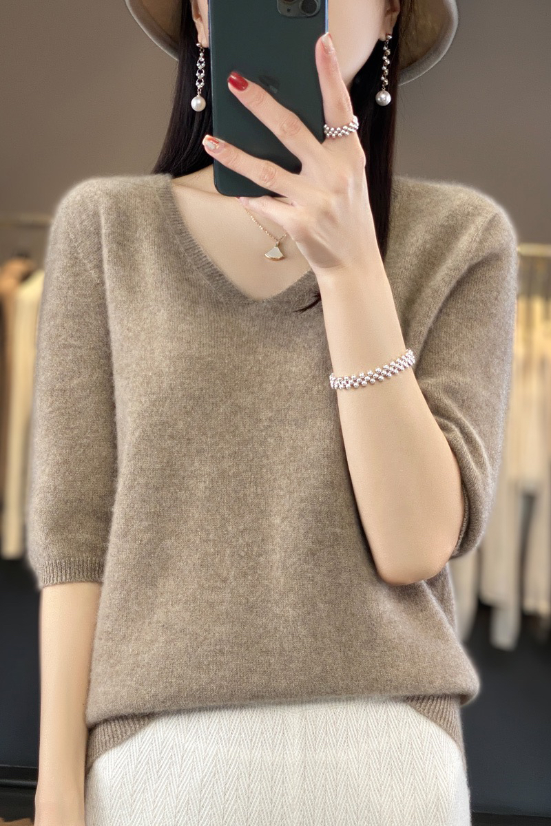 100%纯羊毛女V领五分袖短袖羊毛衫套头毛衣内搭打底衫