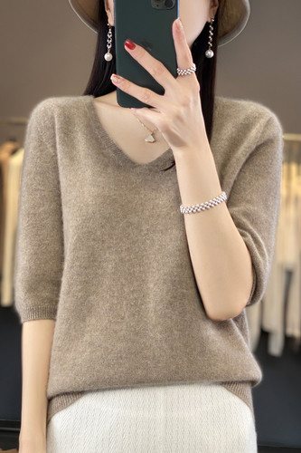 100%纯羊毛女V领五分袖短袖羊毛衫套头毛衣内搭打底衫