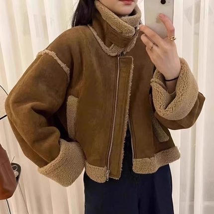 皮毛一体羊羔毛外套女冬季2024新款小个子美拉德麂皮绒机车服夹克