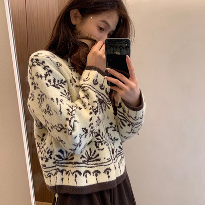 复古费尔岛提花加厚毛衣外套女2025秋冬慵懒风软糯针织开衫短上衣