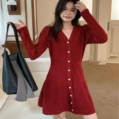 寻果秋冬收腰气质毛衣连衣裙V领