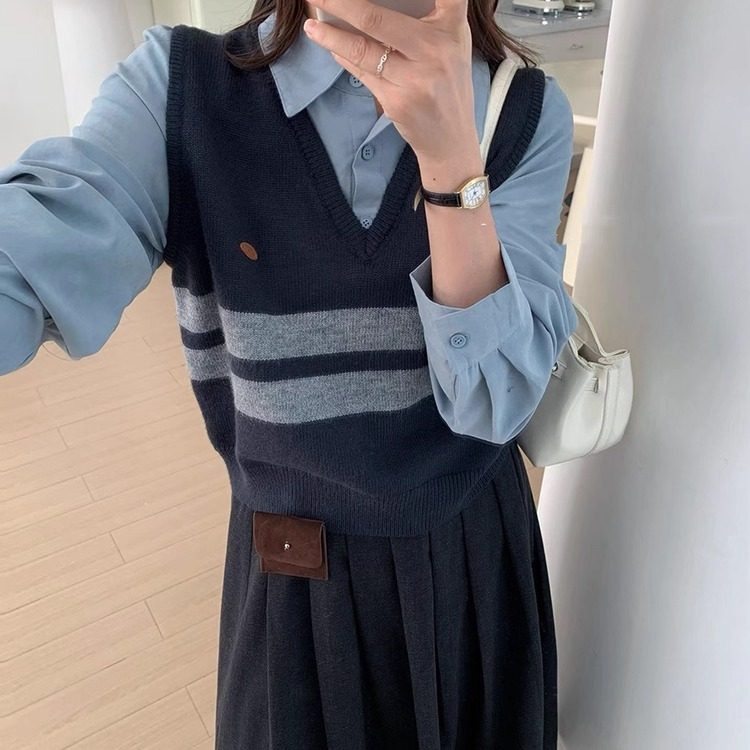 巨好看的秋冬季韩系穿搭polo领假两件针织衫女chic别致高级感上衣