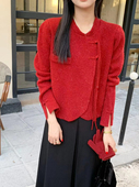 外套亮丝小个子中式 红色毛衣女秋冬新款 中国风盘扣针织开衫 上衣潮