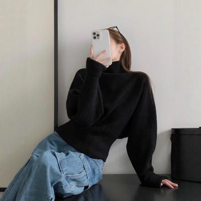 针织衫黑色高领毛衣女秋冬宽松
