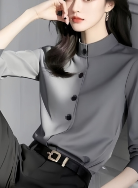 法式气质灰色立领衬衫女2026早春新款时尚通勤衬衣高级感打底上衣