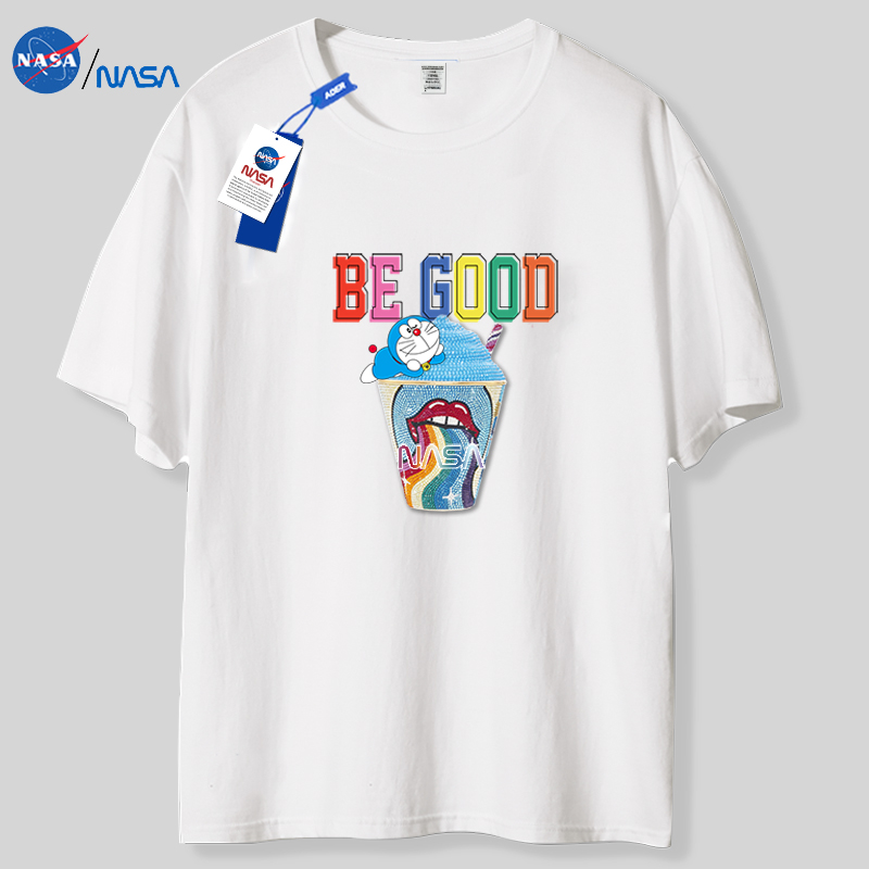 NASA联名款2022年夏季潮牌短袖男女纯棉情侣卡通印花上衣圆领T恤