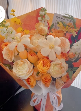 橙色系网红石纹蜡染浮雕纸立体防水风华纸黄绿鲜花花束包装资材