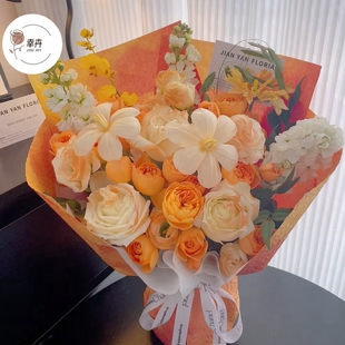 橙色系网红石纹蜡染浮雕纸立体防水风华纸黄绿鲜花花束包装资材