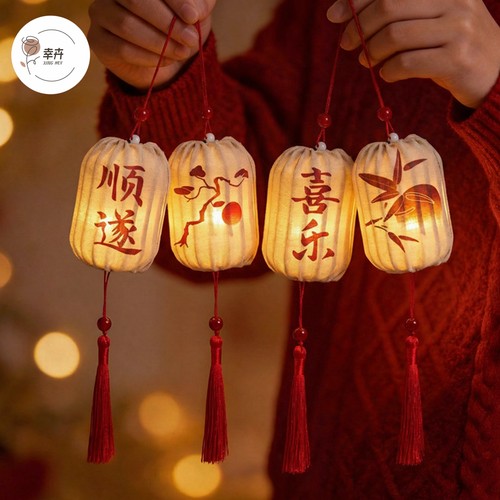 春节发光小灯笼新年福桶绿植盆栽装饰挂件宫灯中式喜庆包装配件