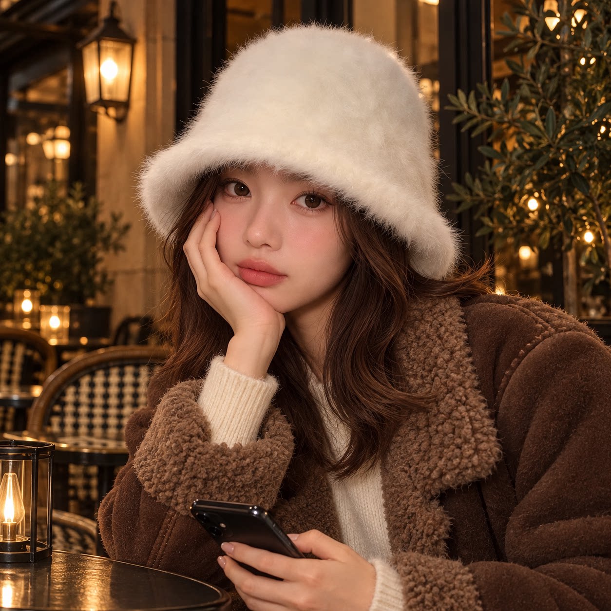 高级感毛茸茸兔毛渔夫帽女秋冬白色水桶帽子日系大头围显脸小盆帽
