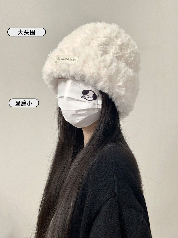 毛线帽子秋冬季女款百搭针织包头显脸小保暖白色毛绒茸冷帽大头围